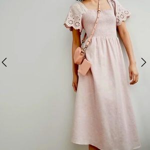 Madewell Linen-Blend Eyelet-Sleeve Lucie Smocked Midi Dress